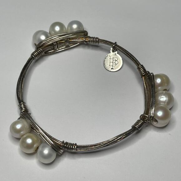BOURBON & BOWETIES gold tone bracelet bangle PEARL signed jewelry wire wrapped - Picture 6 of 12